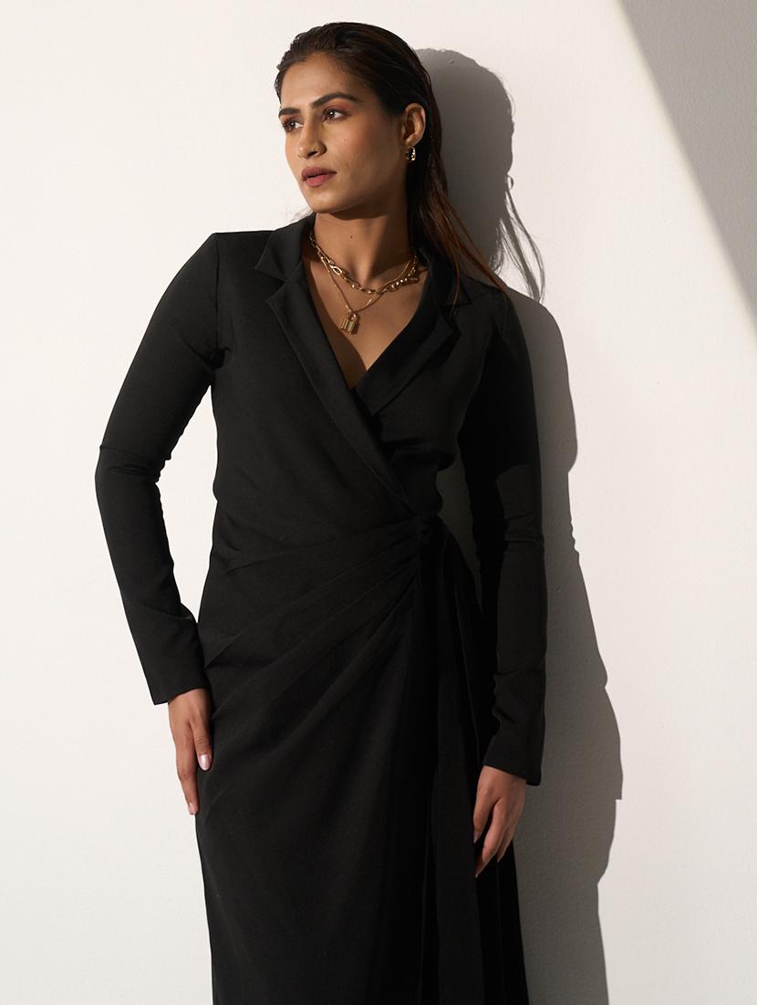 women black solid long sleeve wrap dress - 21976241 - Standard Image - 5