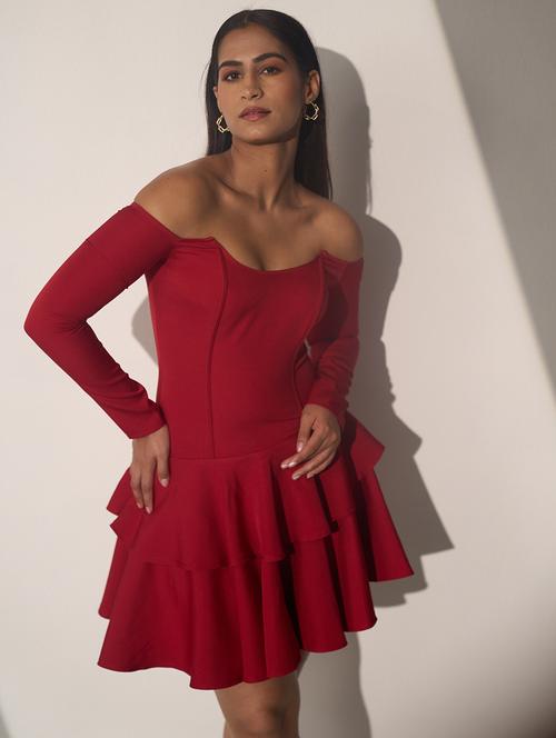 women red off shoulder long sleeve layered dress - 21976242 -  Standard Image - 0