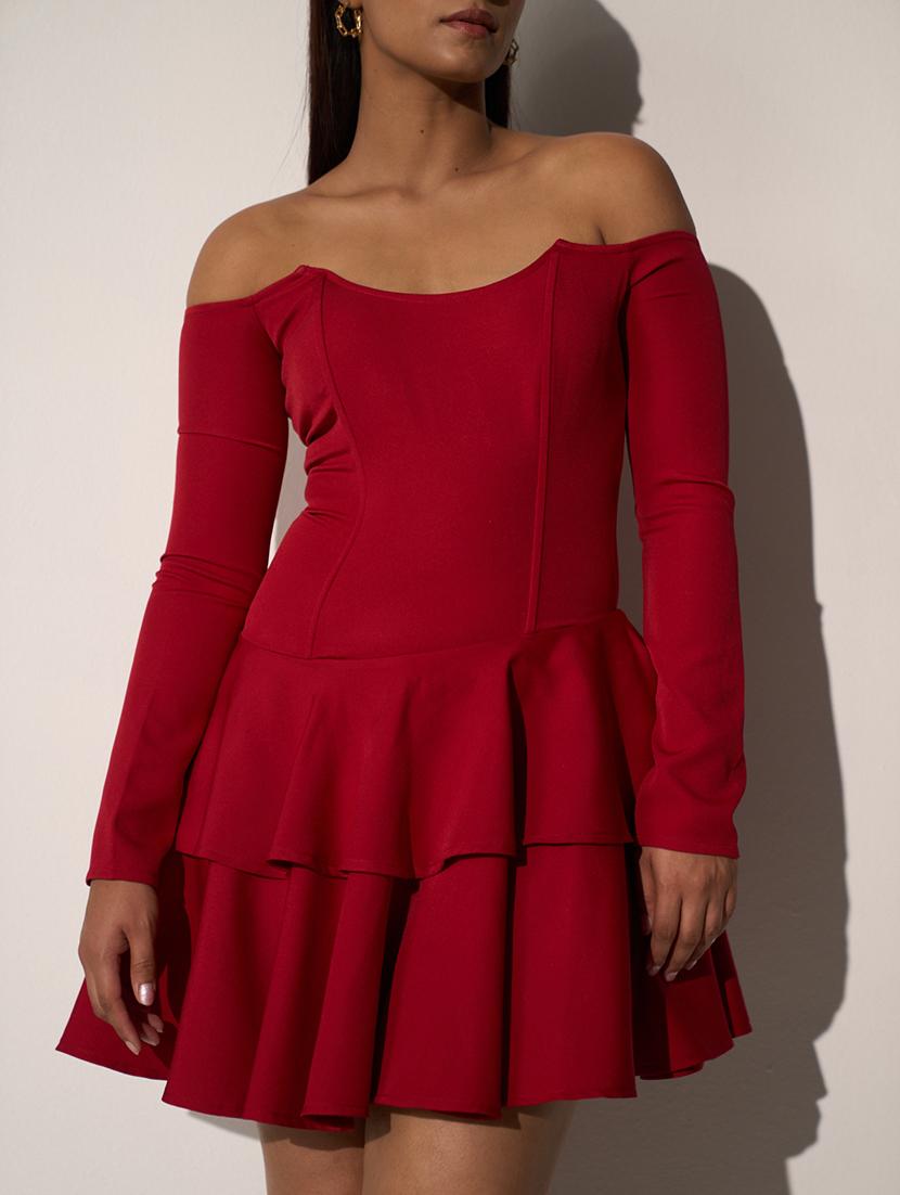 women red off shoulder long sleeve layered dress - 21976242 - Standard Image - 5