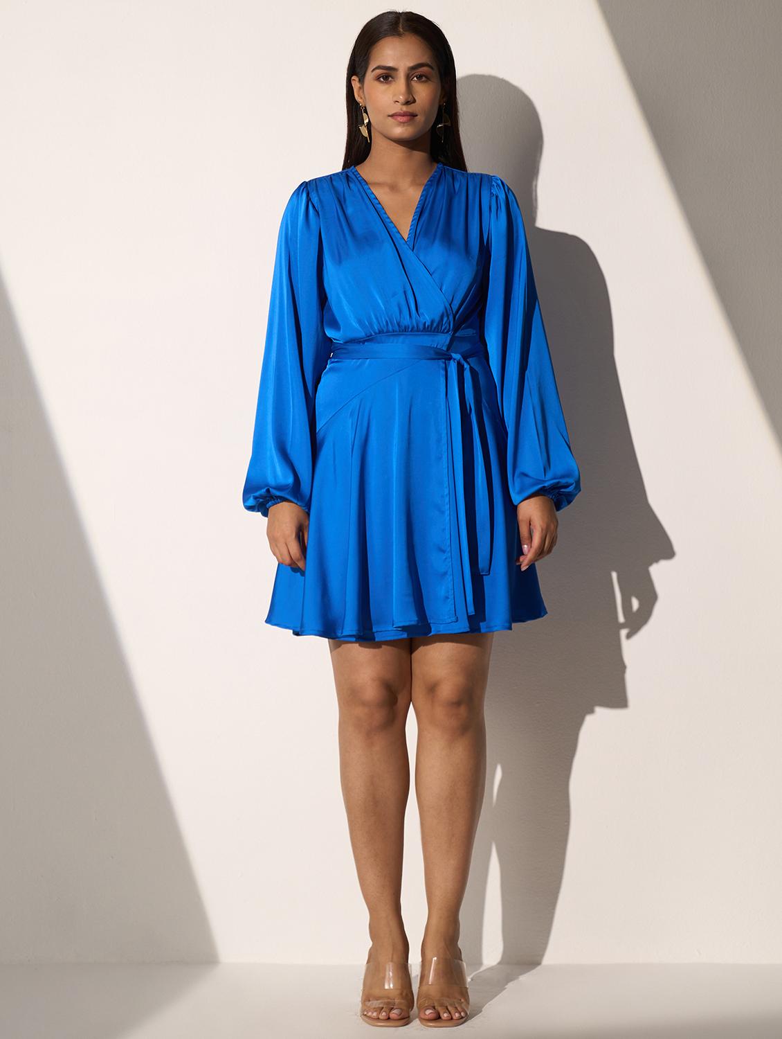 women blue solid puff sleeve wrap dress - 21976246 - Zoom Image - 0