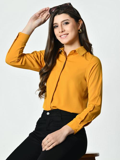 women yellow solid collared long sleeve shirt - 21976373 -  Standard Image - 0