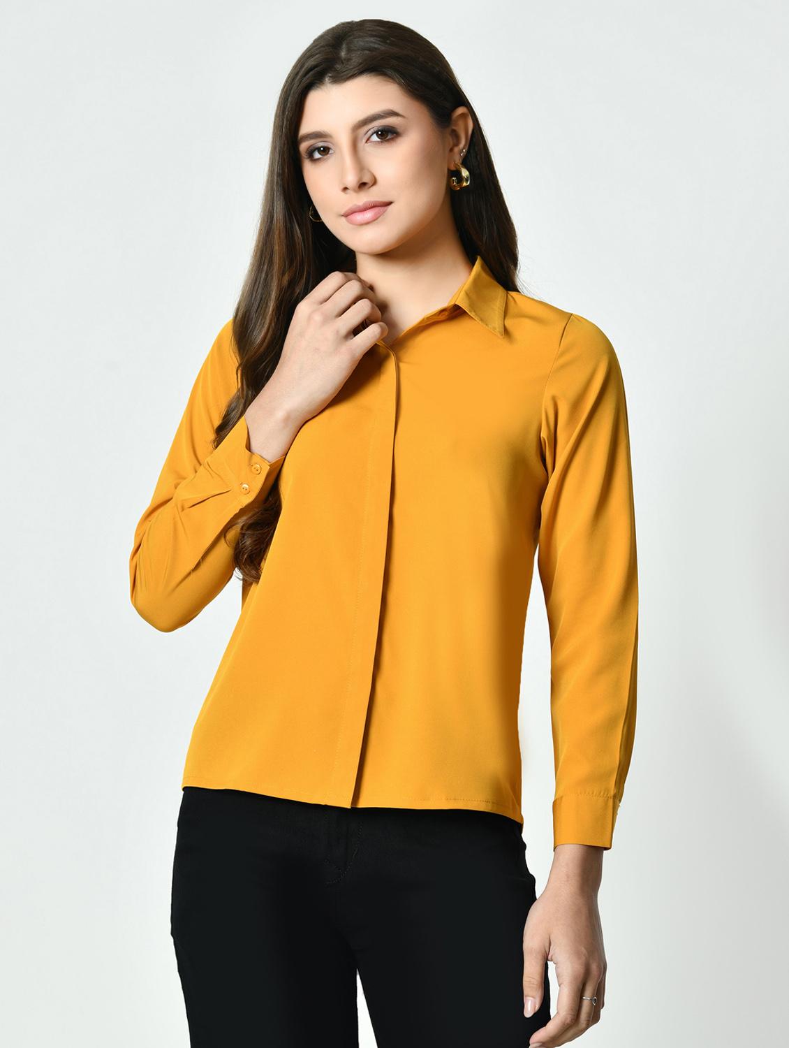 women yellow solid collared long sleeve shirt - 21976373 - Standard Image - 3