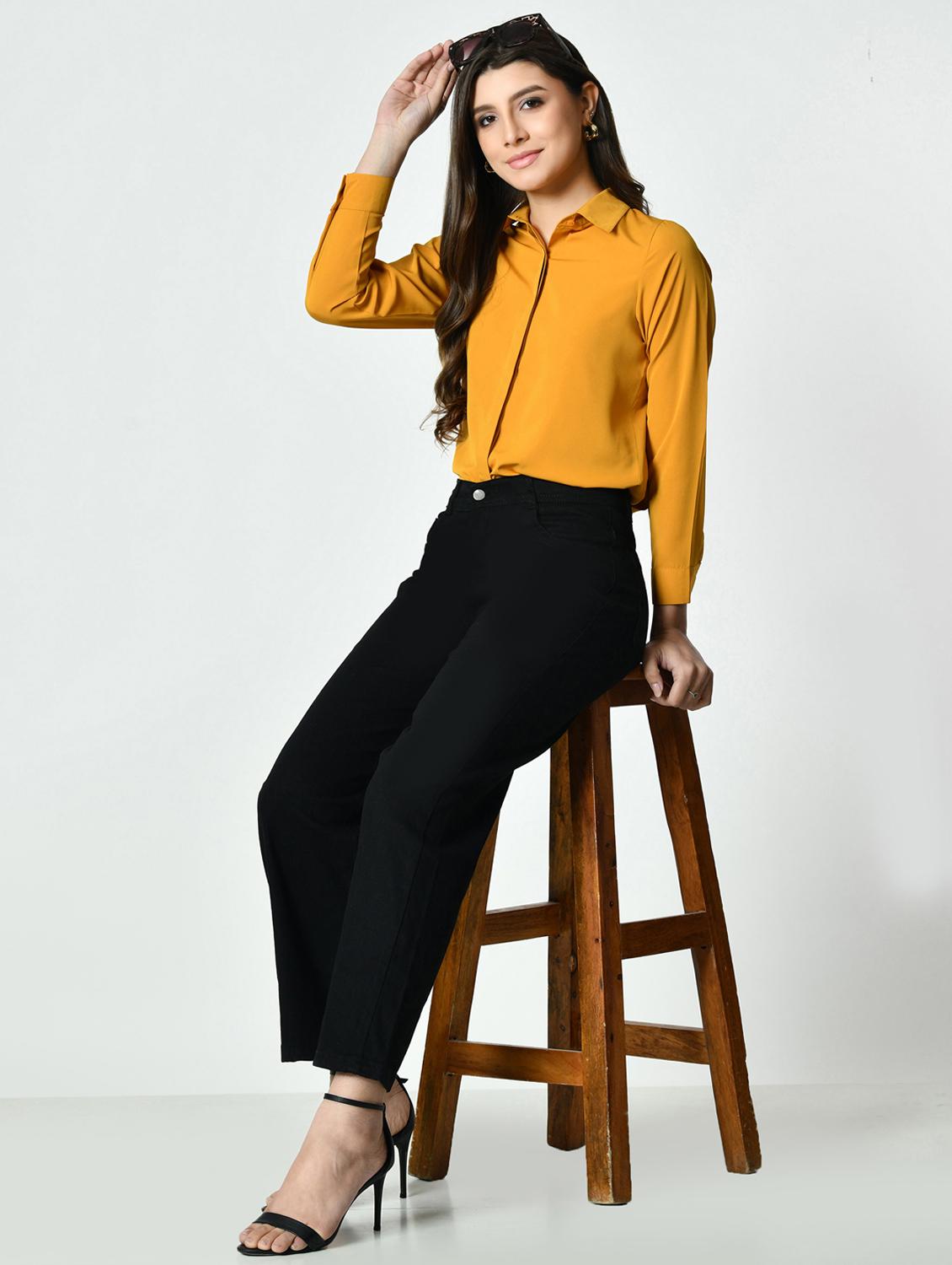 women yellow solid collared long sleeve shirt - 21976373 - Standard Image - 5