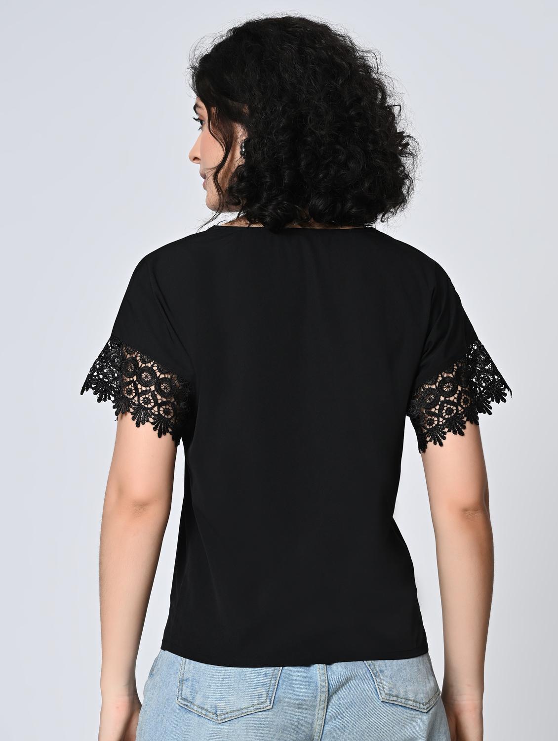 women black solid laec detailed regular top - 21976377 - Standard Image - 3