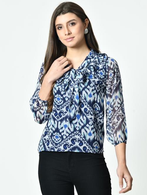women blue printed tie up neck regular top - 21976383 -  Standard Image - 0