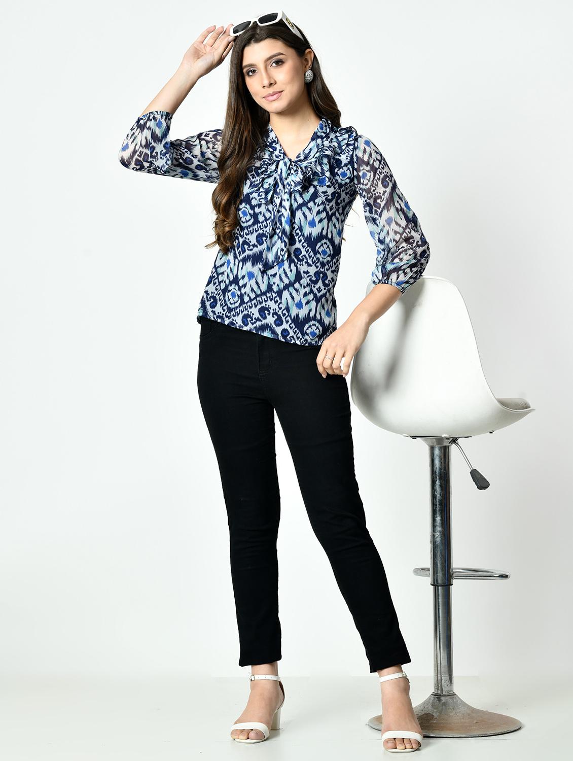 women blue printed tie up neck regular top - 21976383 - Standard Image - 3