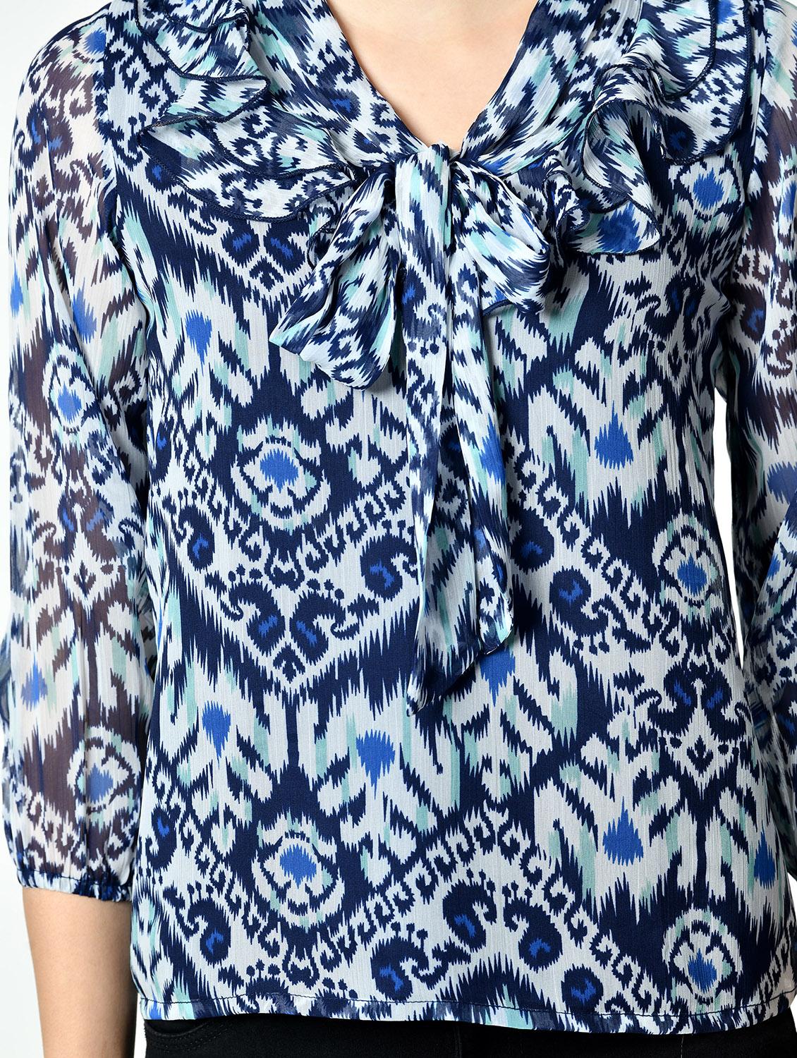 women blue printed tie up neck regular top - 21976383 - Standard Image - 5