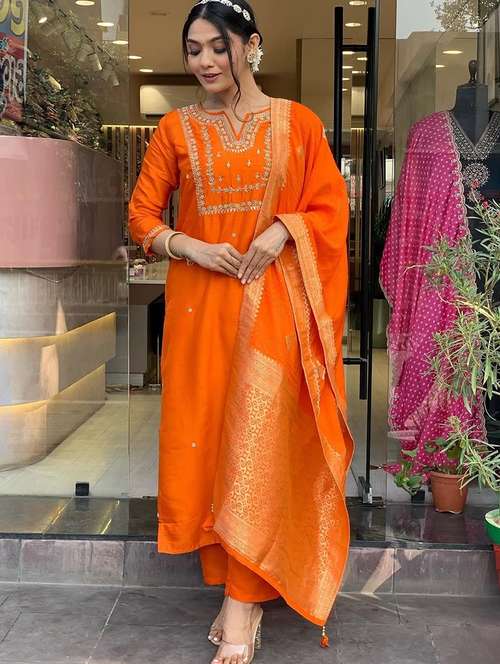 women three quarter sleeve kurta pant with dupatta set - 21976506 -  Standard Image - 0