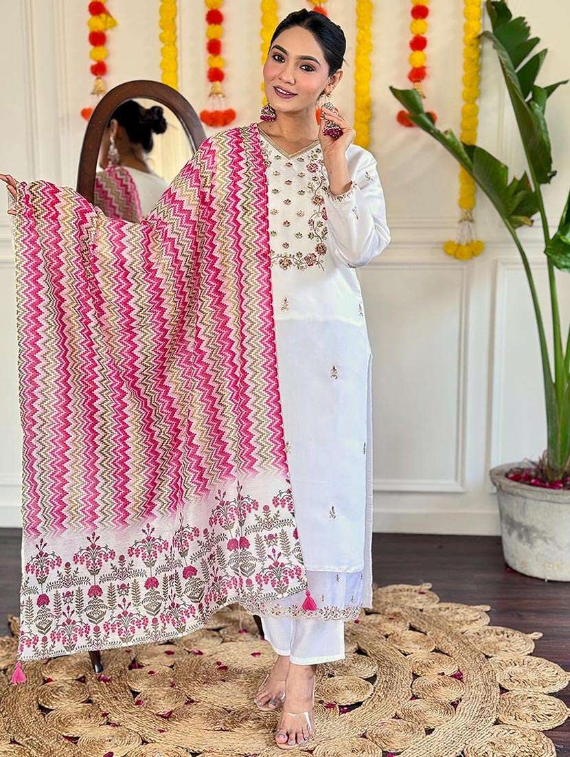 women embroidered long sleeve kurta pant with dupatta set