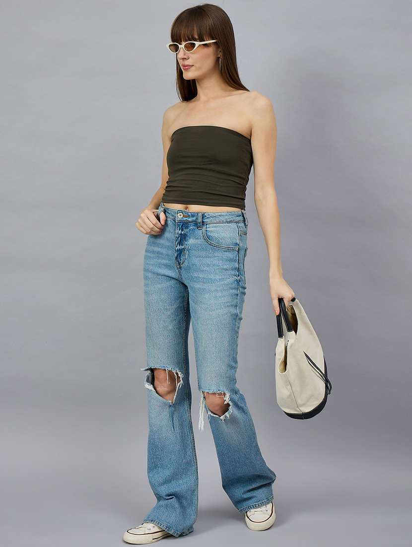 women olive solid crop tube top - 21976567 - Standard Image - 5
