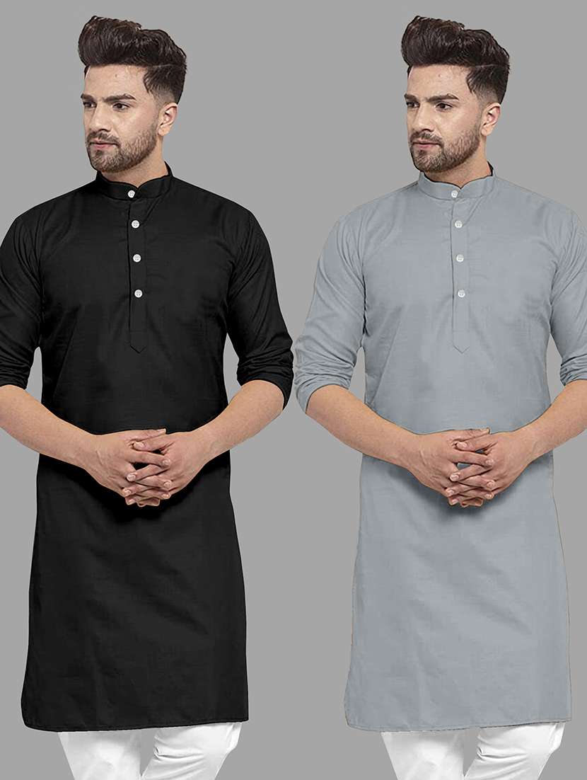 men pack of 2 solid mandarin neck long kurta