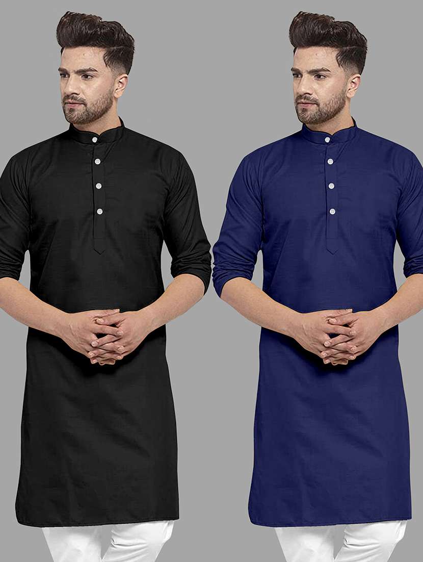 men pack of 2 solid mandarin neck long kurta