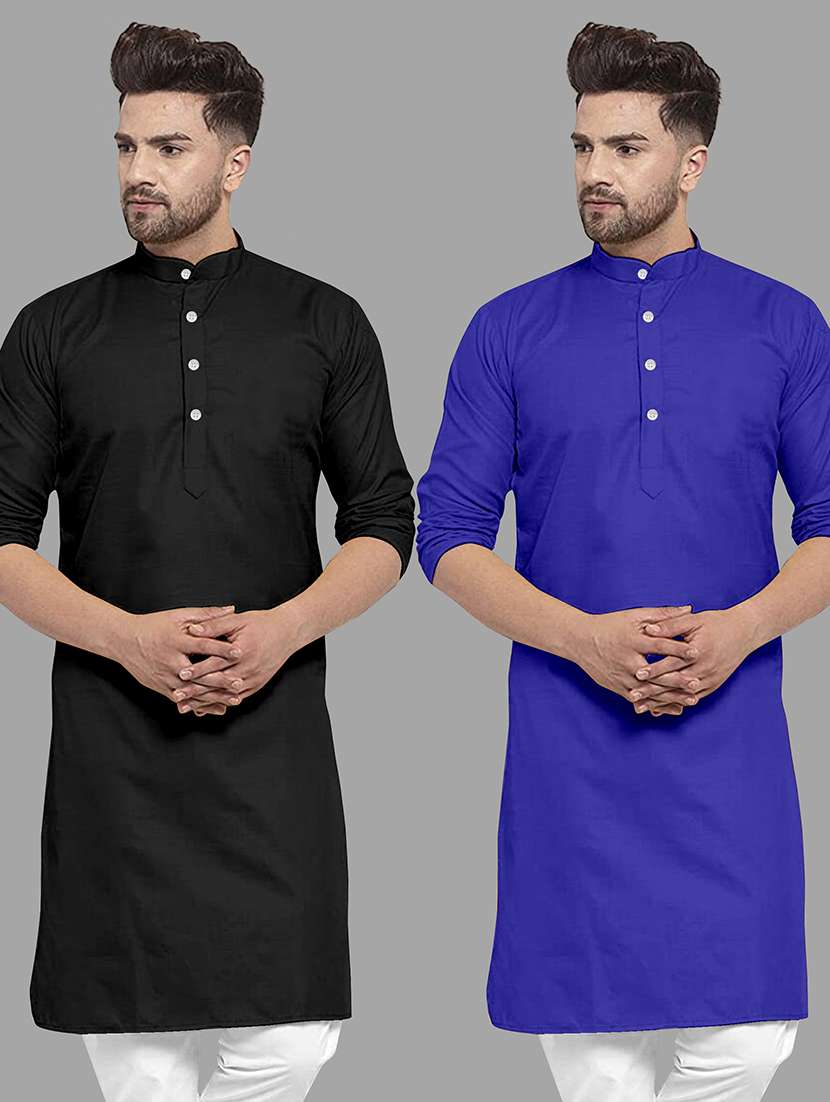 men pack of 2 solid mandarin neck long kurta