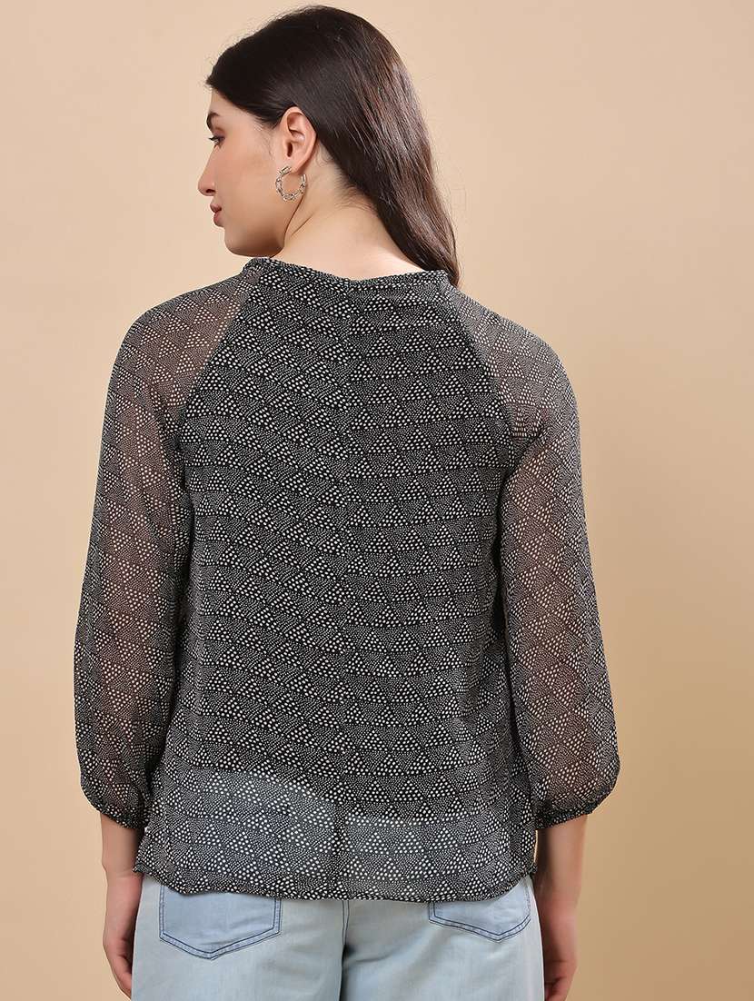 women black printed tie-up neck regular top - 21976599 - Standard Image - 3