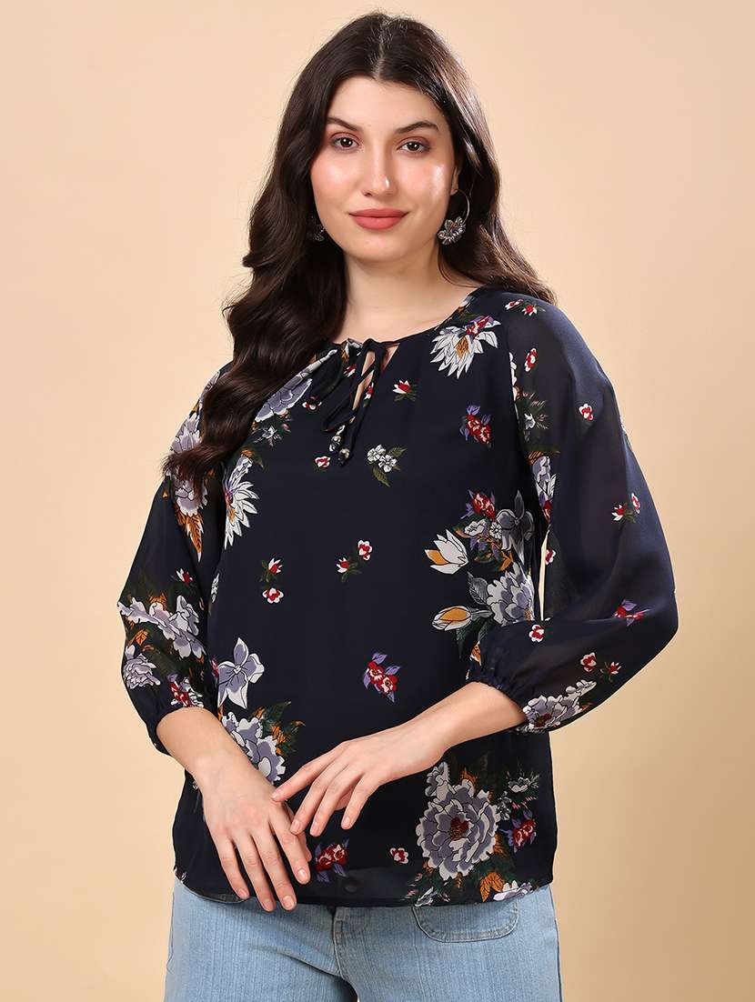 women floral print tie-up neck regular top