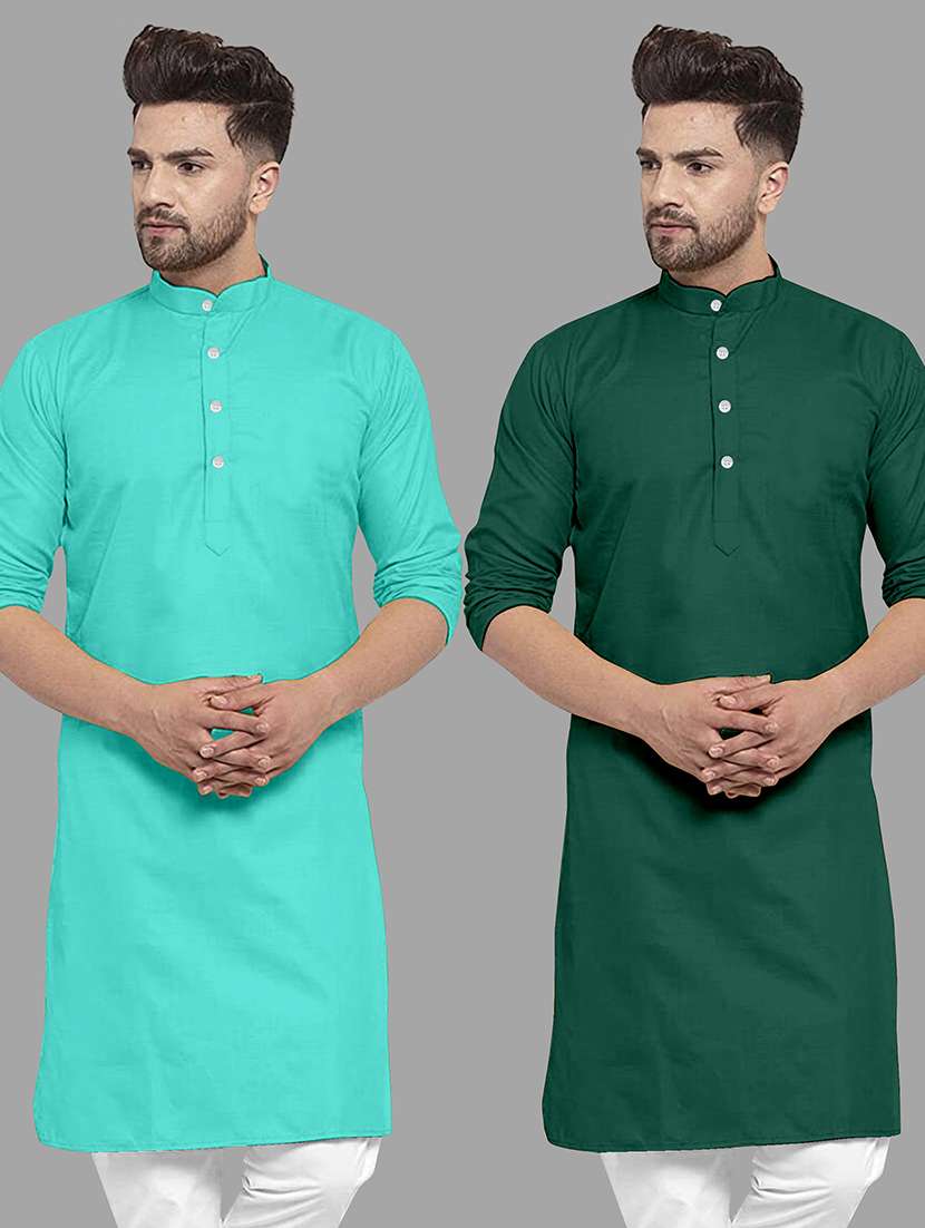 men pack of 2 solid mandarin neck long kurta