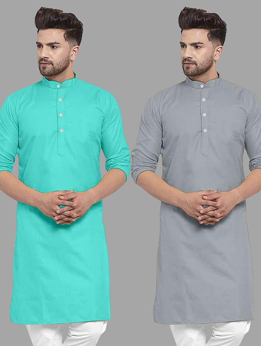 men pack of 2 solid mandarin neck long kurta