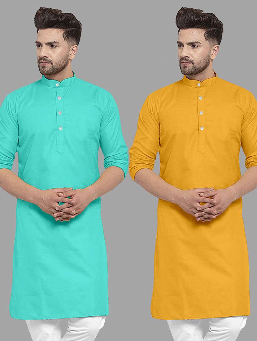 men pack of 2 solid mandarin neck long kurta