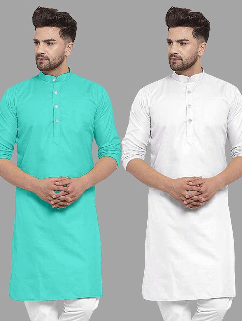 men pack of 2 solid mandarin neck long kurta