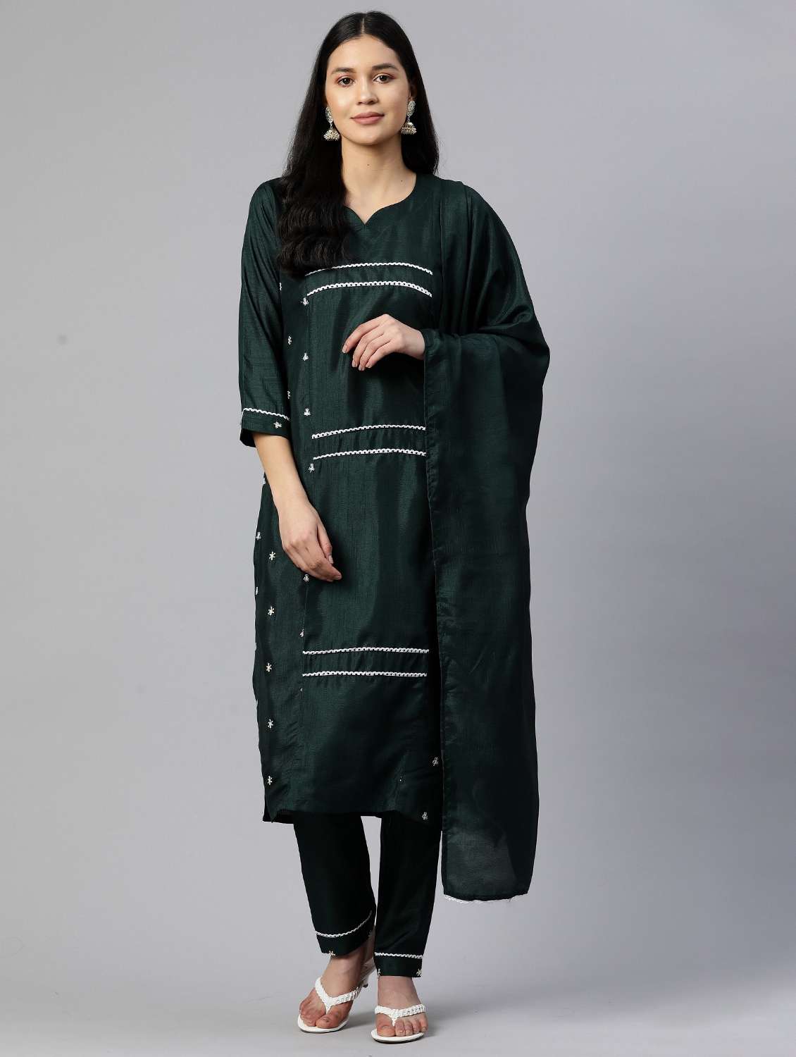 women three quarter sleeve kurta pant with dupatta set - 21976664 -  Standard Image - 3