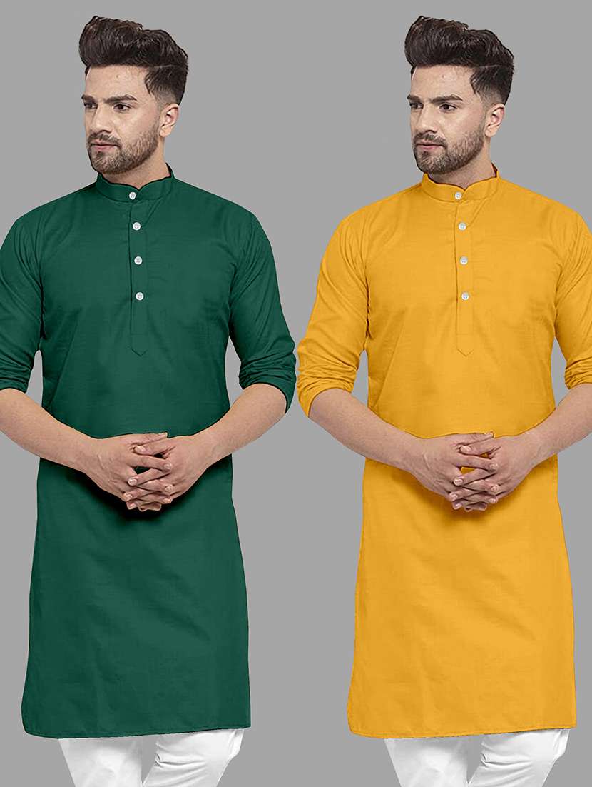 men pack of 2 solid mandarin neck long kurta