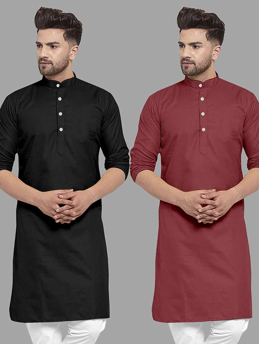 men pack of 2 solid mandarin neck long kurta