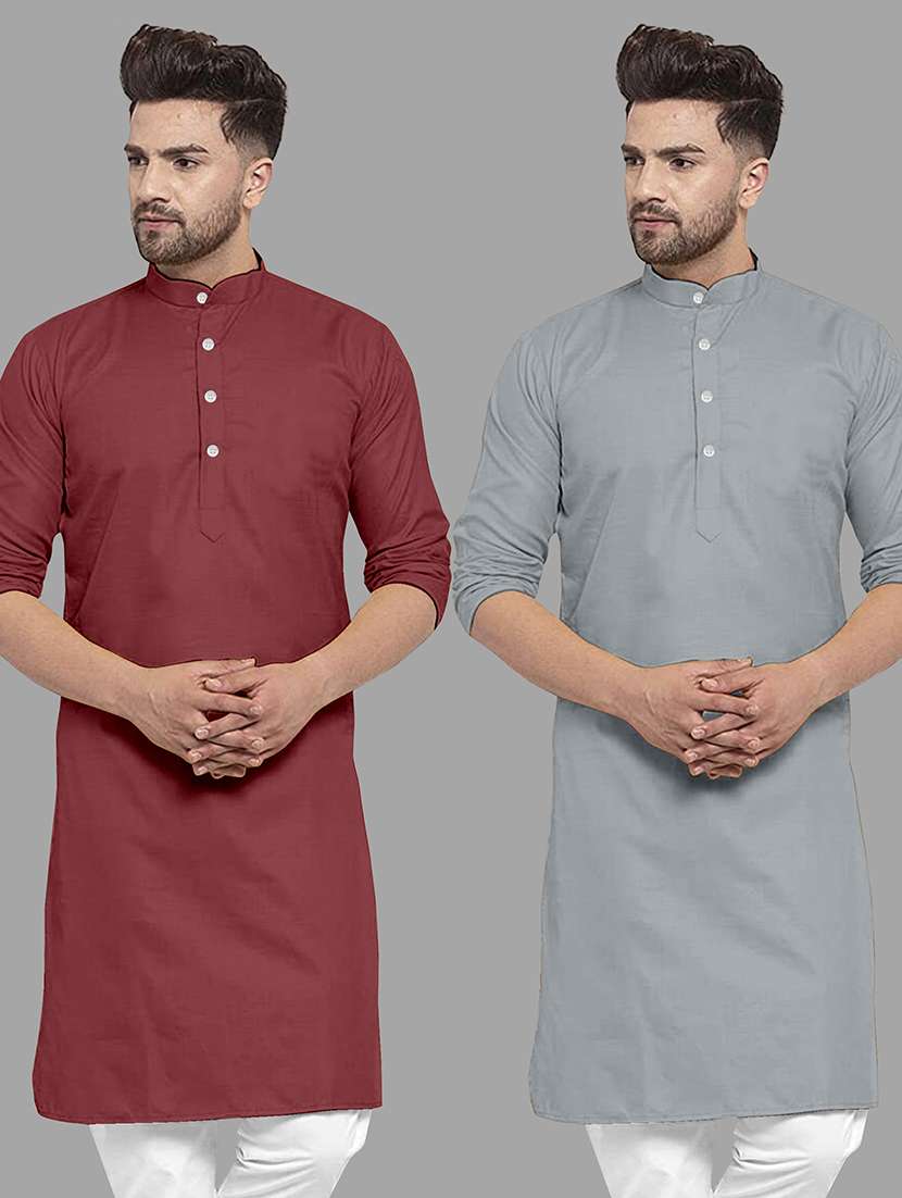 men pack of 2 solid mandarin neck long kurta