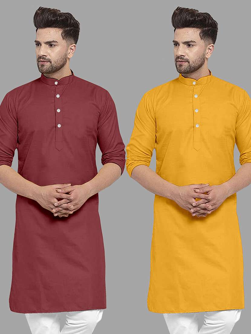 men pack of 2 solid mandarin neck long kurta