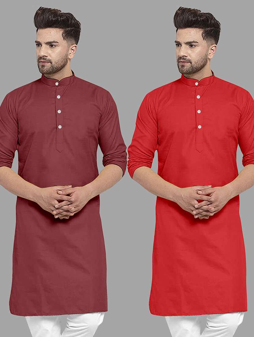 men pack of 2 solid mandarin neck long kurta