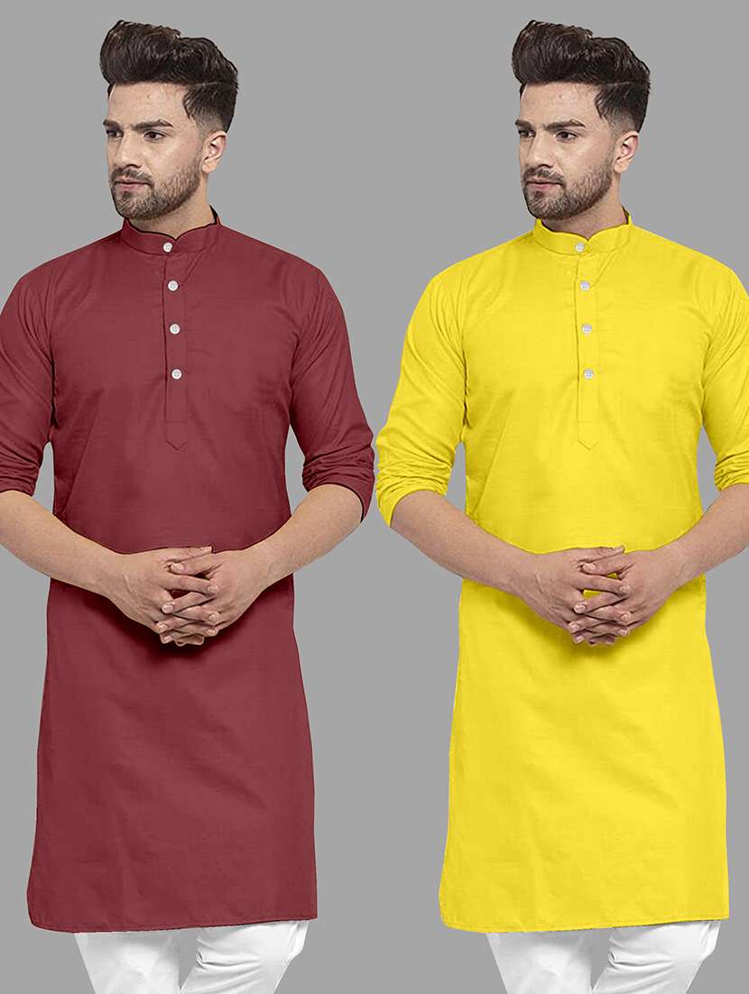men pack of 2 solid mandarin neck long kurta