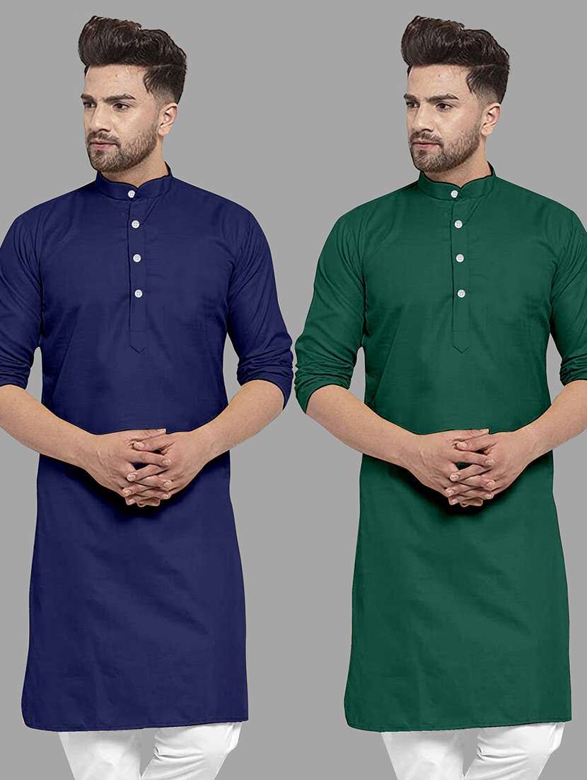 men pack of 2 solid mandarin neck long kurta