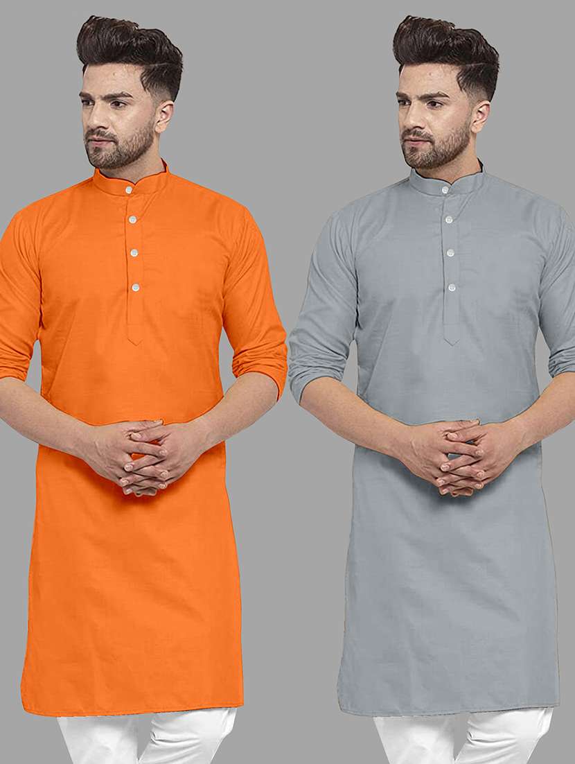 men pack of 2 solid mandarin neck long kurta