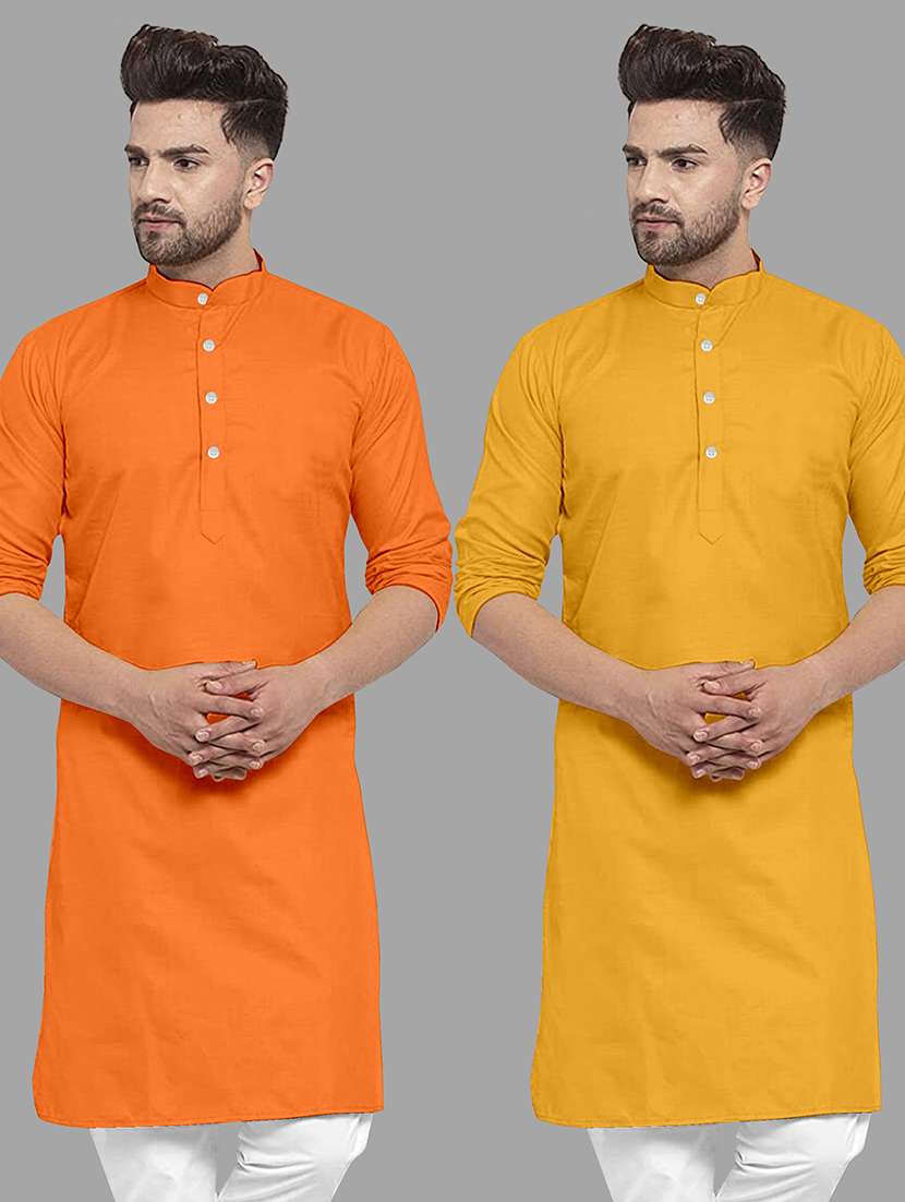 men pack of 2 solid mandarin neck long kurta