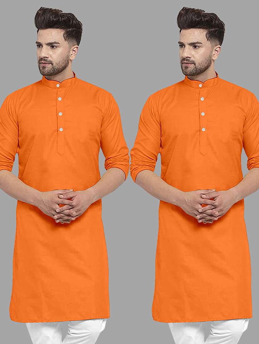 men pack of 2 solid mandarin neck long kurta