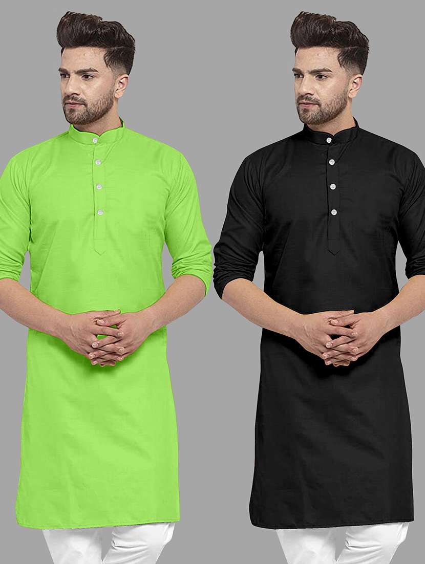 men pack of 2 solid mandarin neck long kurta