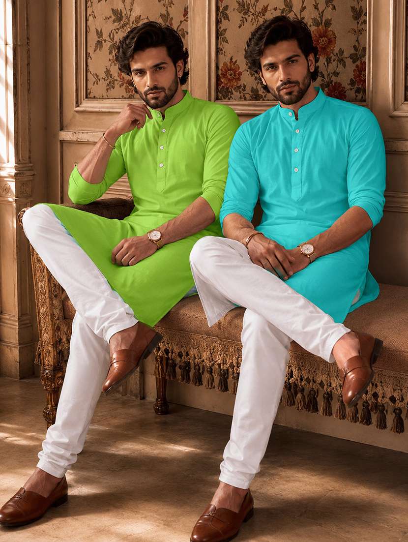men pack of 2 solid mandarin neck long kurta