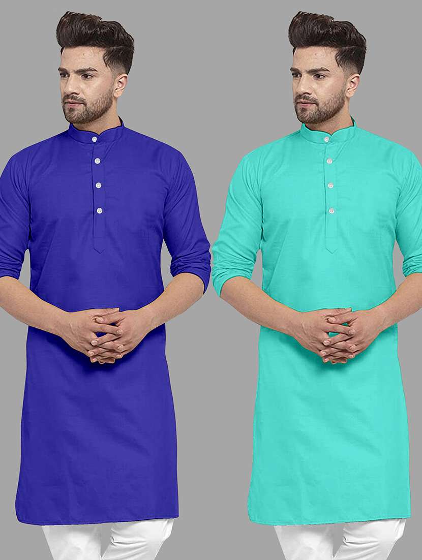 men pack of 2 solid mandarin neck long kurta