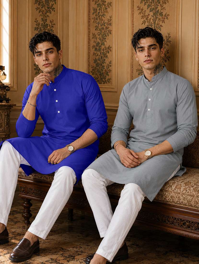 men pack of 2 solid mandarin neck long kurta