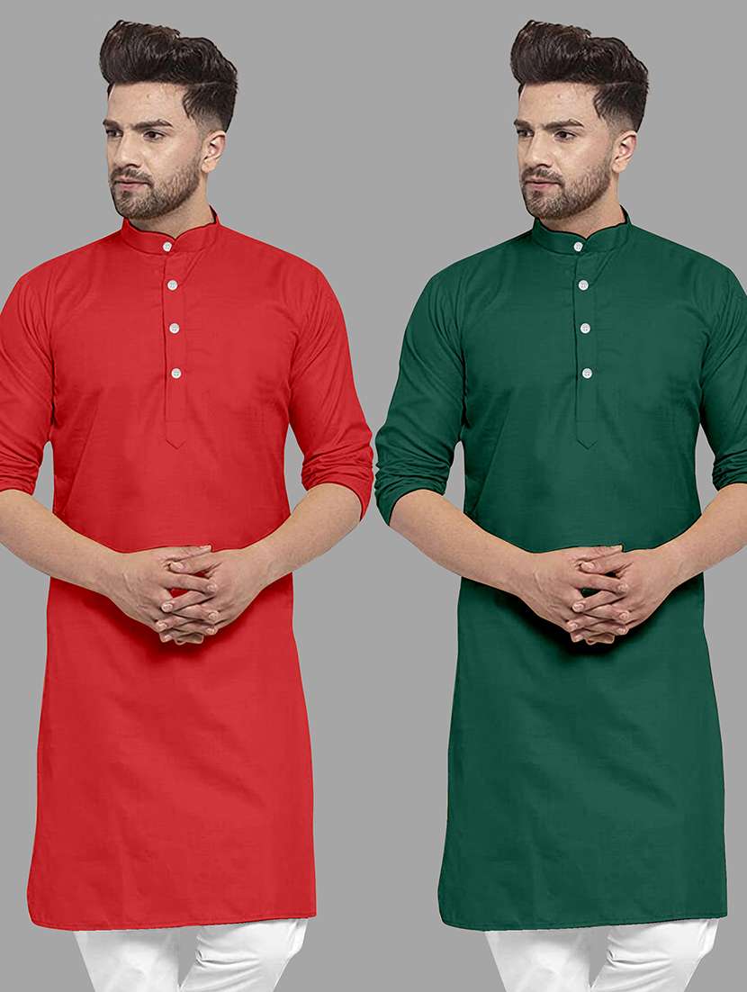 men pack of 2 solid mandarin neck long kurta