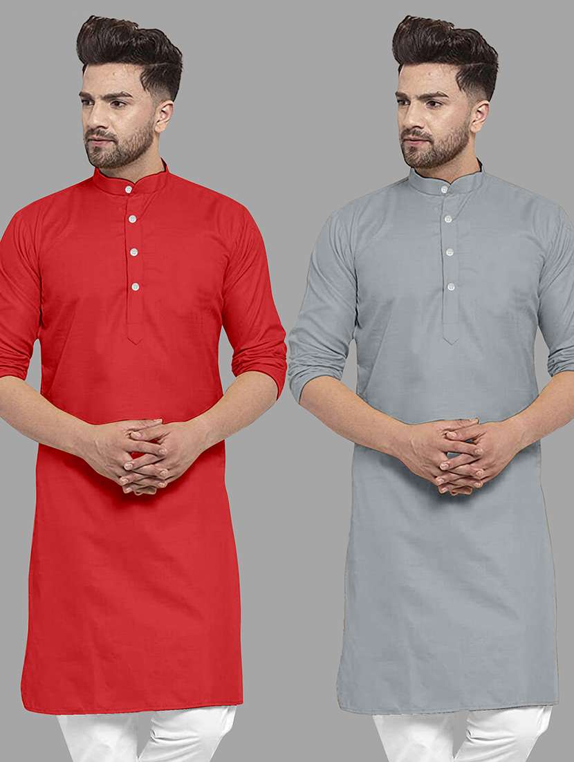 men pack of 2 solid mandarin neck long kurta