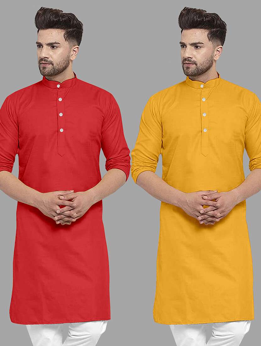 men pack of 2 solid mandarin neck long kurta