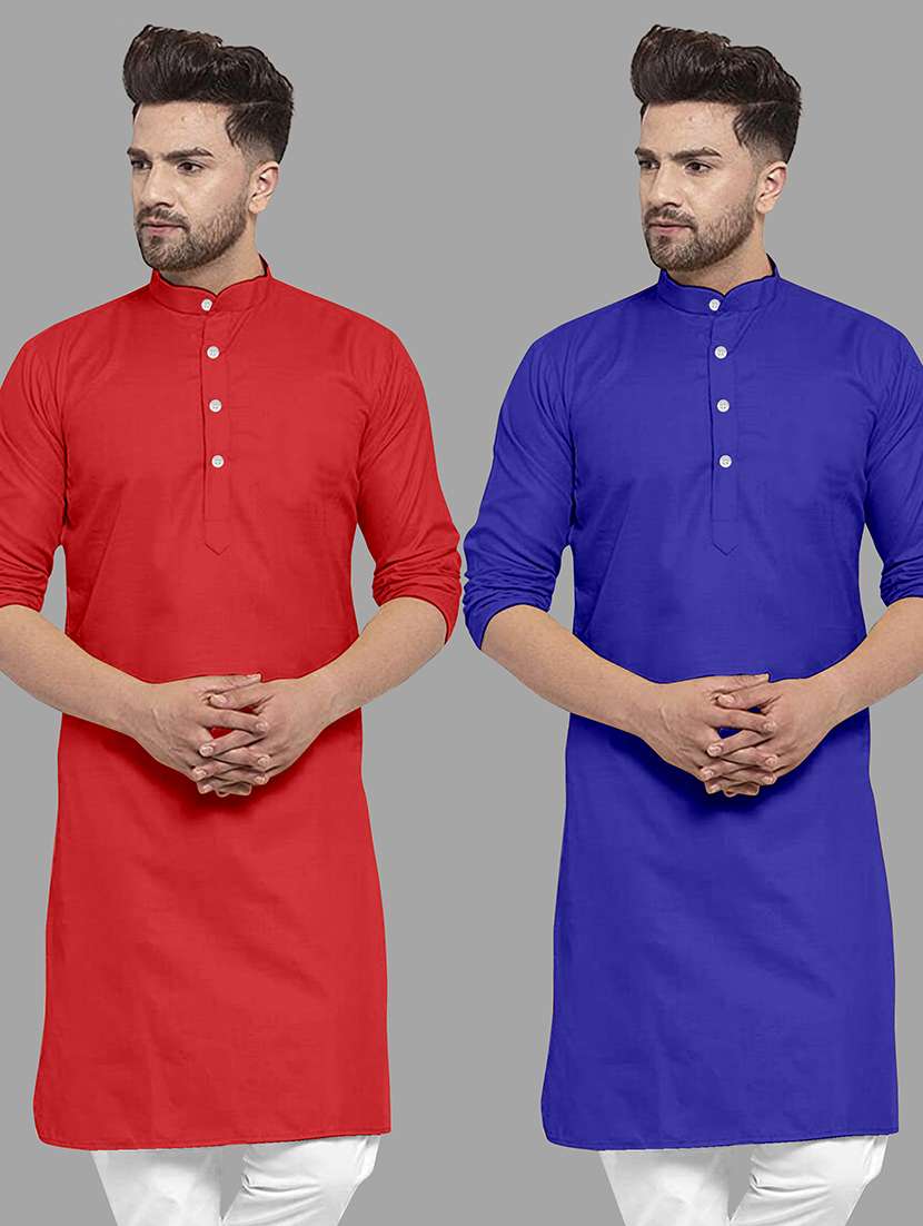 men pack of 2 solid mandarin neck long kurta