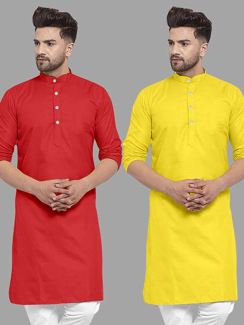 men pack of 2 solid mandarin neck long kurta