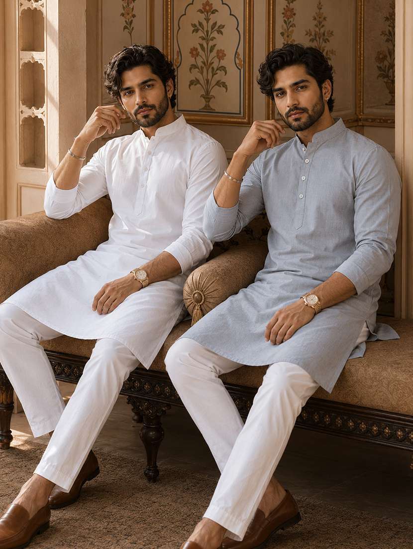 men pack of 2 solid mandarin neck long kurta