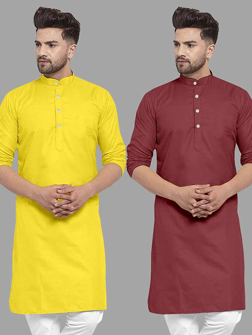 men pack of 2 solid mandarin neck long kurta
