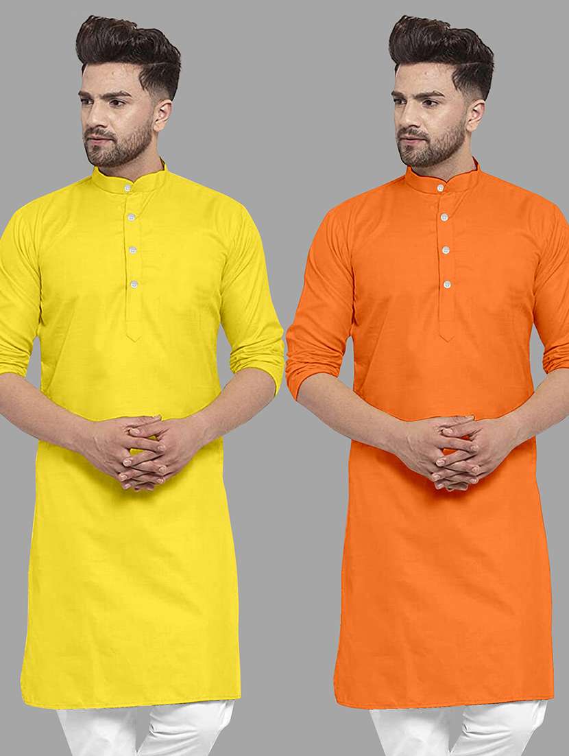 men pack of 2 solid mandarin neck long kurta
