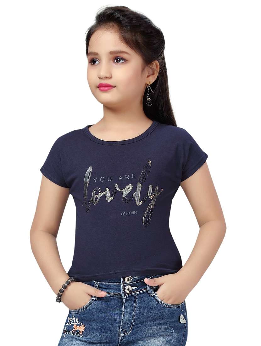 girls navy blue printed short sleeve crop tee