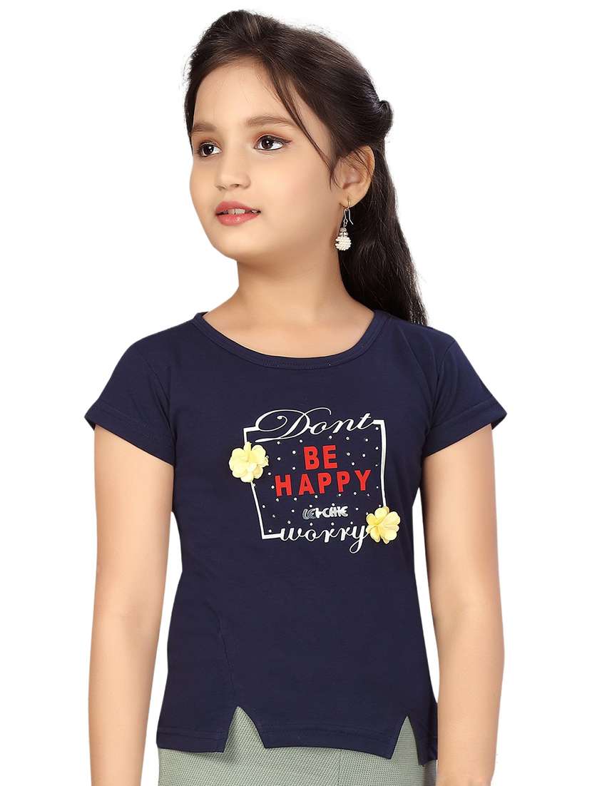 girls navy blue printed short sleeve crop tee