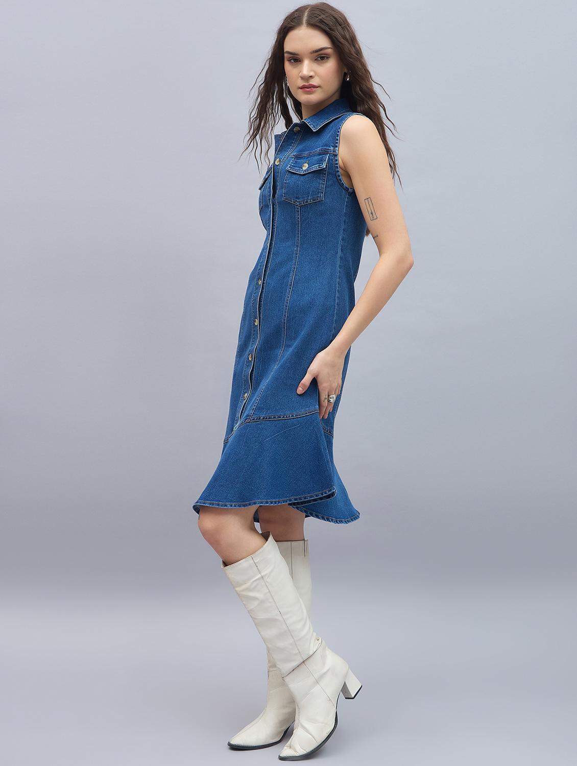 women solid sleeveless denim shirt dress - 21976941 - Standard Image - 3