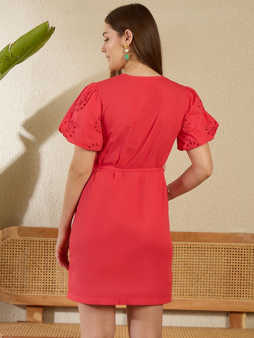 women solid puff sleeve schiffli shirt dress - 21976944 - Standard Image - 3